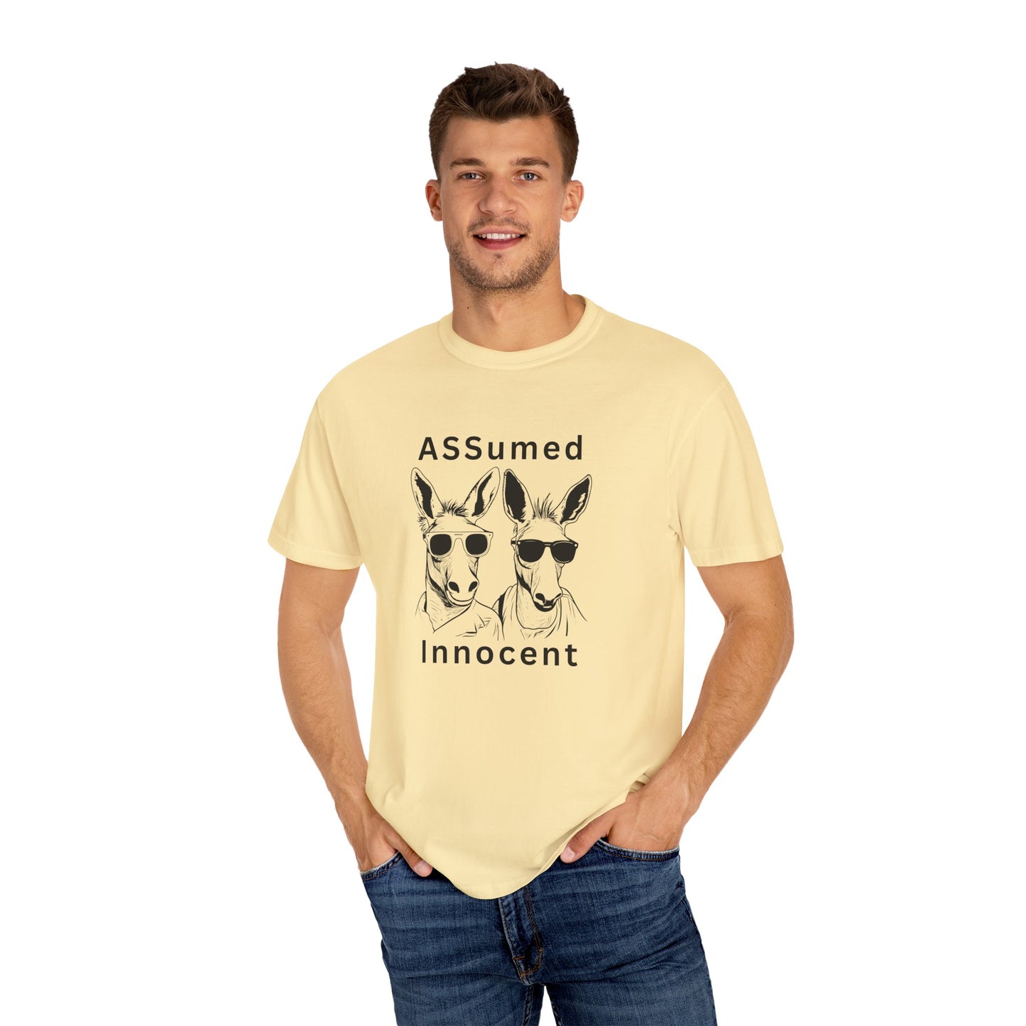 Unisex Garment-Dyed T-Shirt - Funny Kangaroo Design with 'ASSumed Innocent' Text