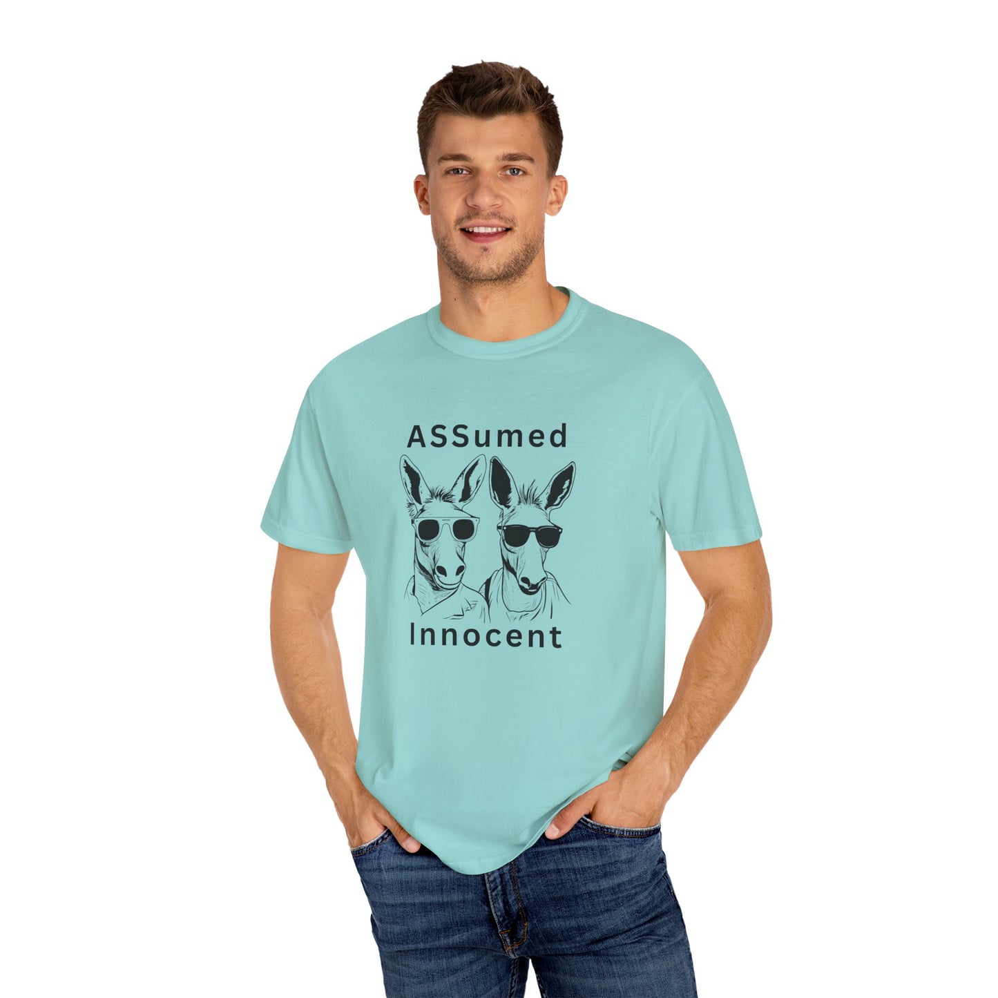 Unisex Garment-Dyed T-Shirt - Funny Kangaroo Design with 'ASSumed Innocent' Text