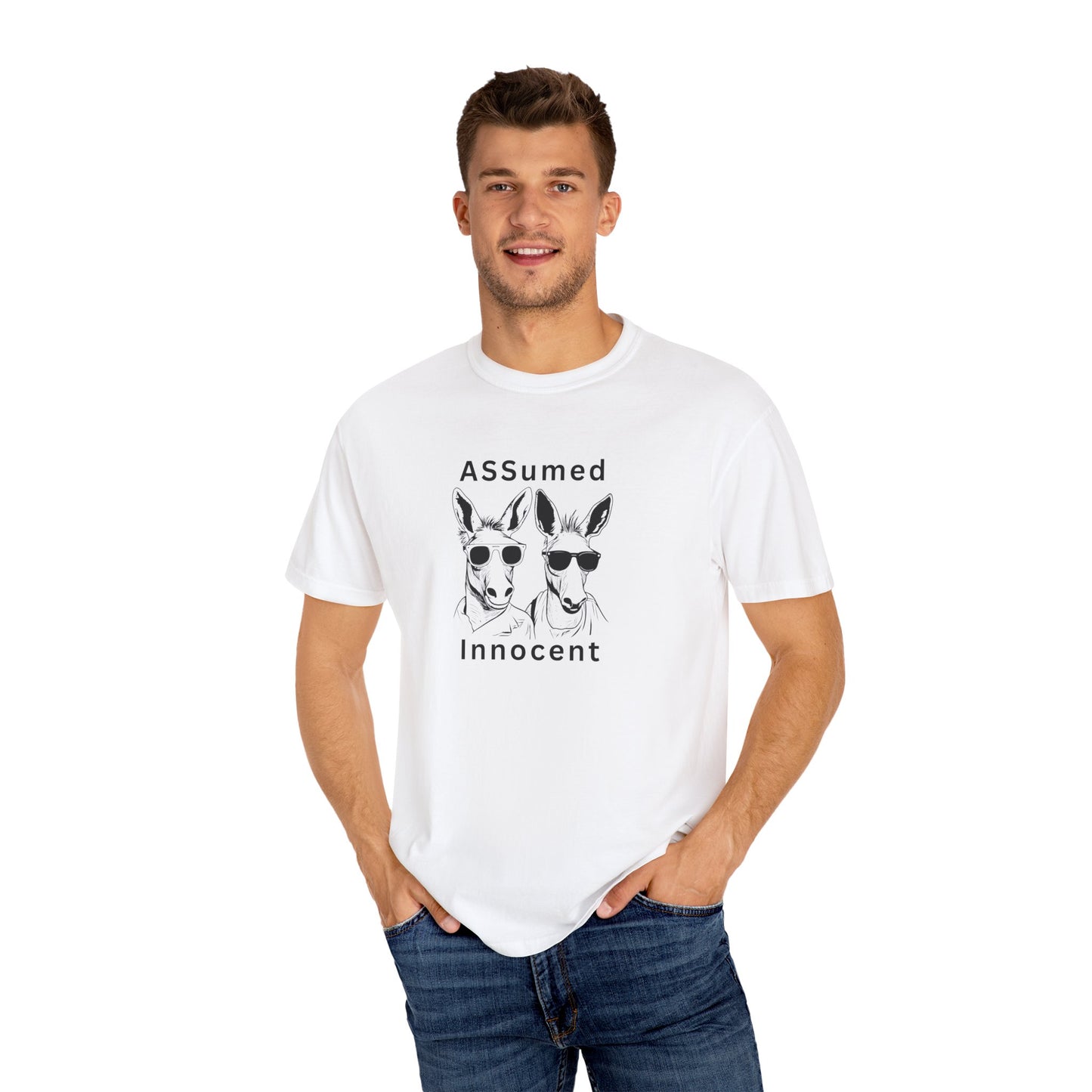 Unisex Garment-Dyed T-Shirt - Funny Kangaroo Design with 'ASSumed Innocent' Text