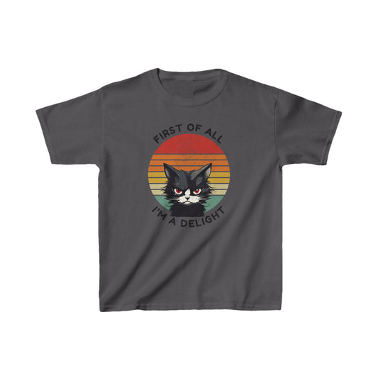 Kids Cat Tee - "First of All I'm a Delight" Fun Cotton T-Shirt