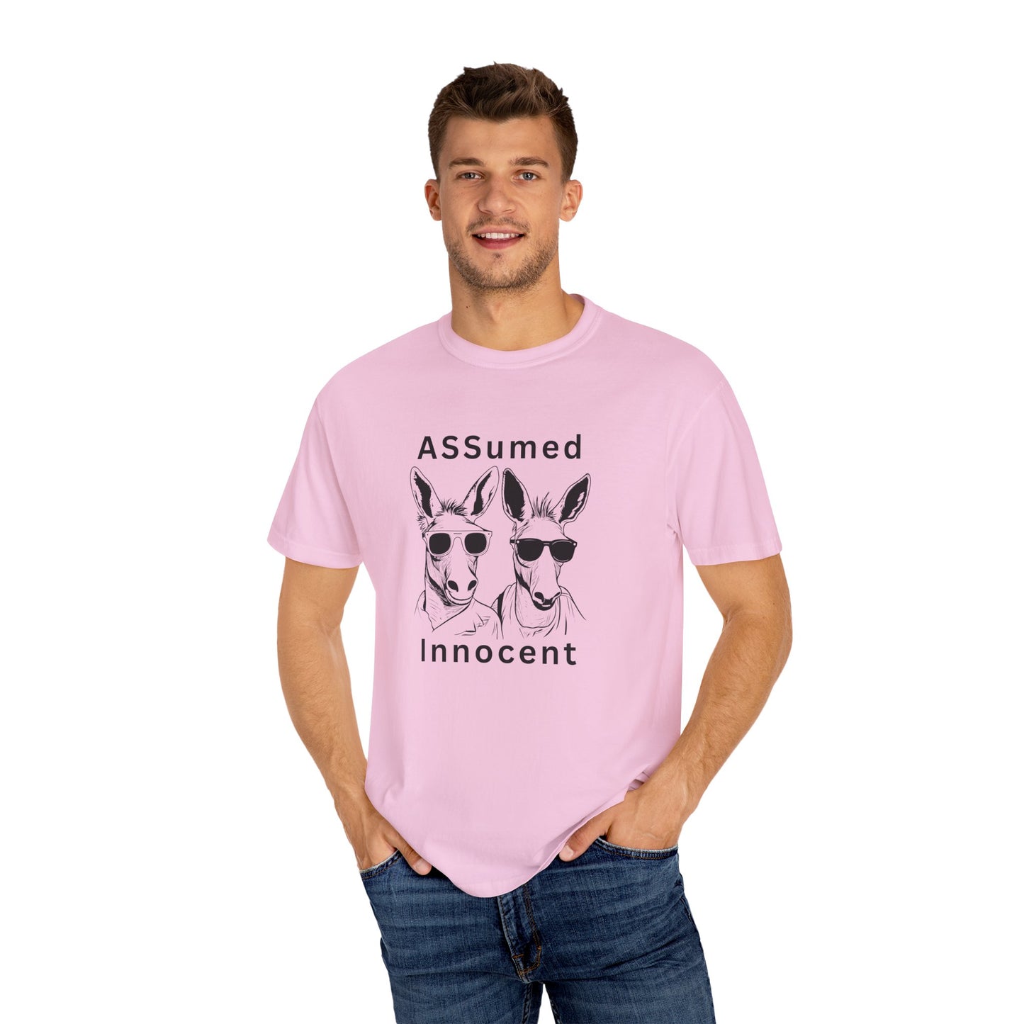 Unisex Garment-Dyed T-Shirt - Funny Kangaroo Design with 'ASSumed Innocent' Text