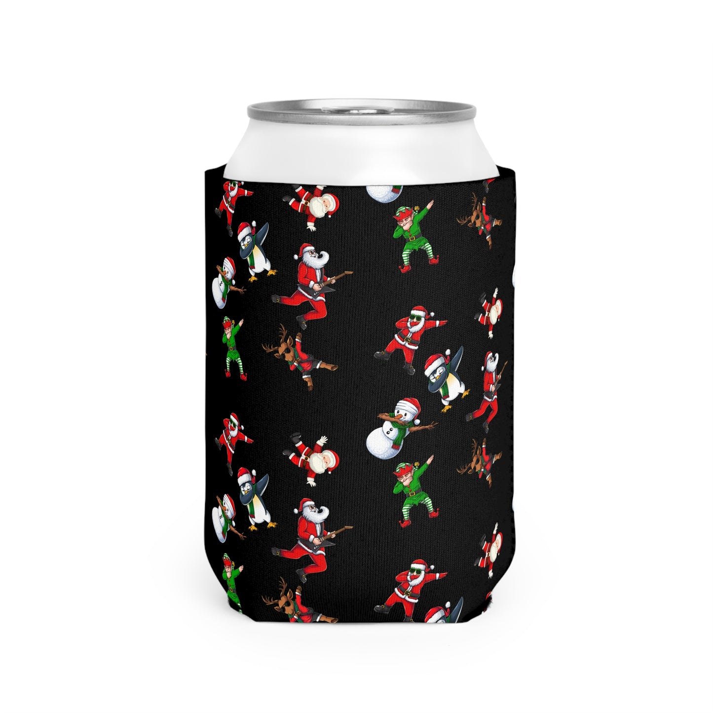 Festive Holiday Can Cooler Sleeve with Santa and Friends Design