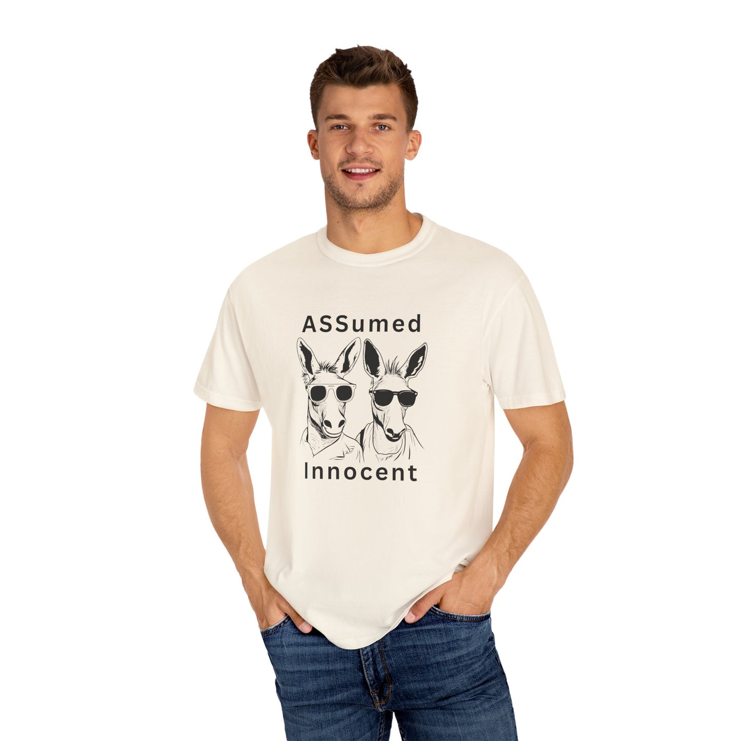 Unisex Garment-Dyed T-Shirt - Funny Kangaroo Design with 'ASSumed Innocent' Text