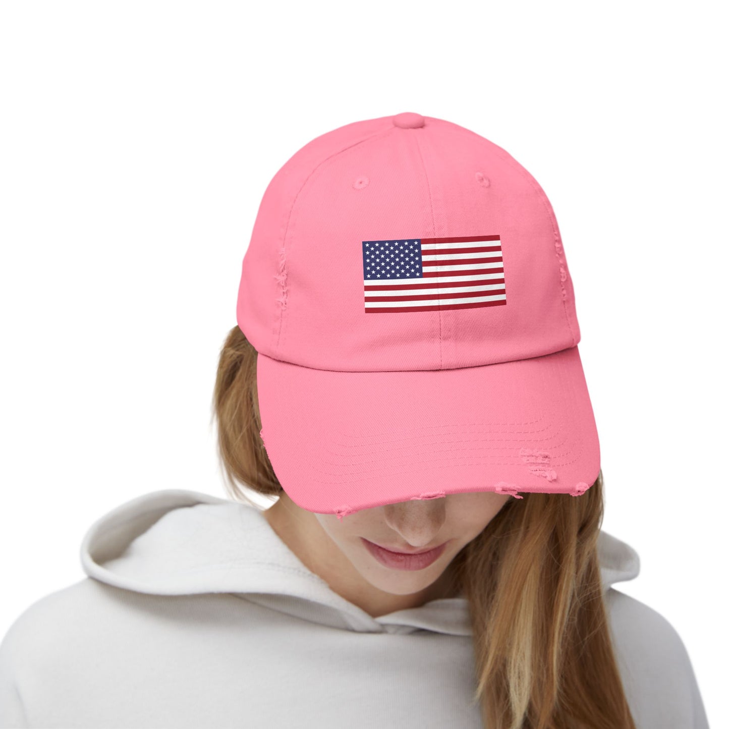 Unisex Distressed American Flag Cap - Trendy Pink Hat for Patriotic Style