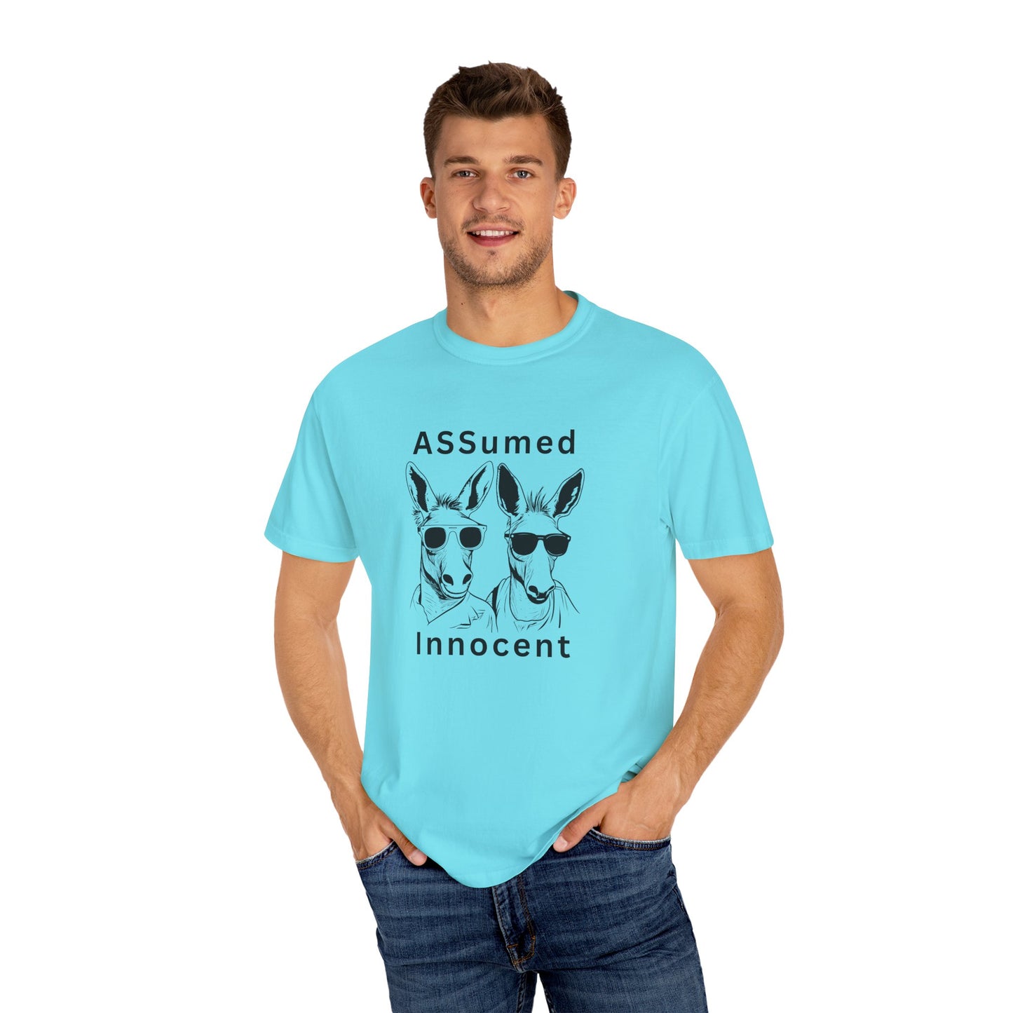 Unisex Garment-Dyed T-Shirt - Funny Kangaroo Design with 'ASSumed Innocent' Text