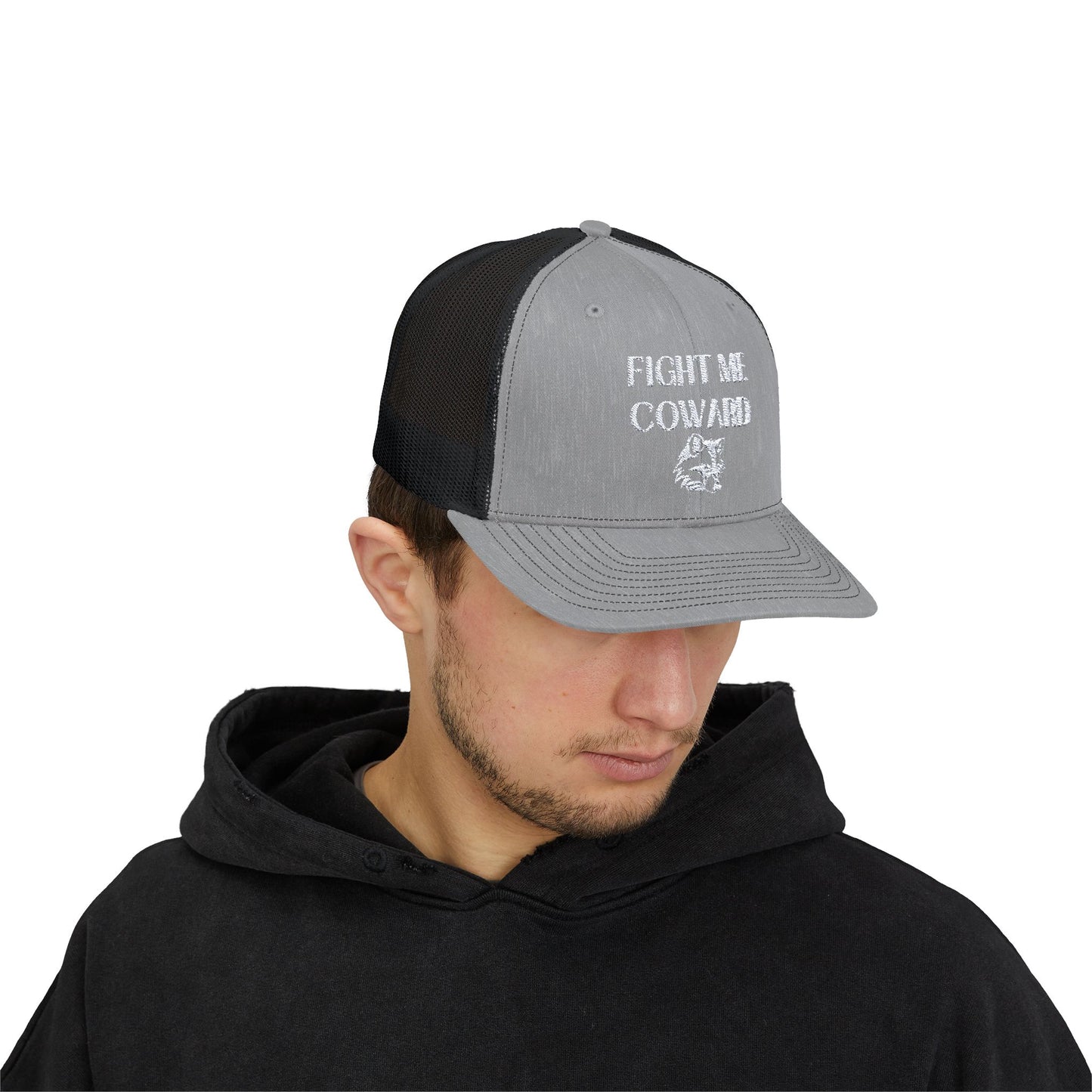 Embroidered 'Fight Me Coward' Snapback Trucker Cap for Bold Statements