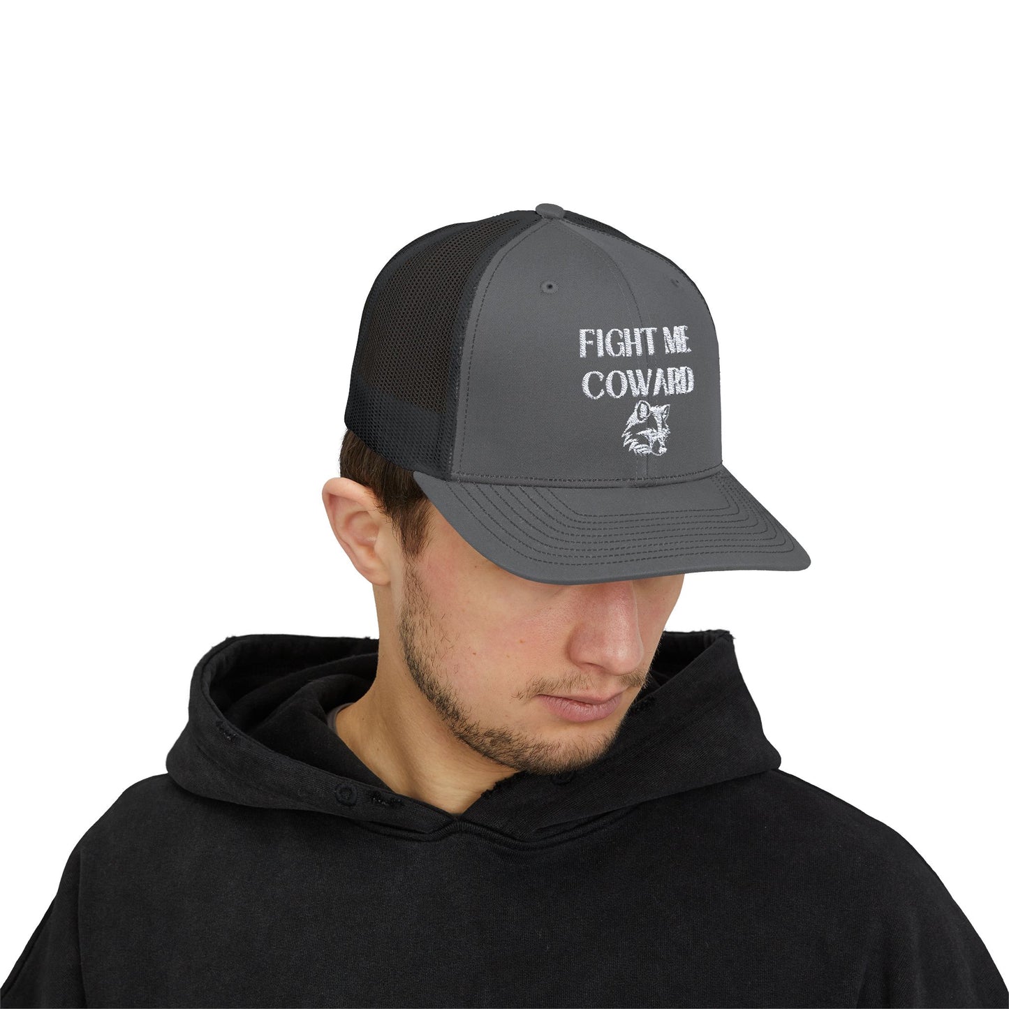 Embroidered 'Fight Me Coward' Snapback Trucker Cap for Bold Statements