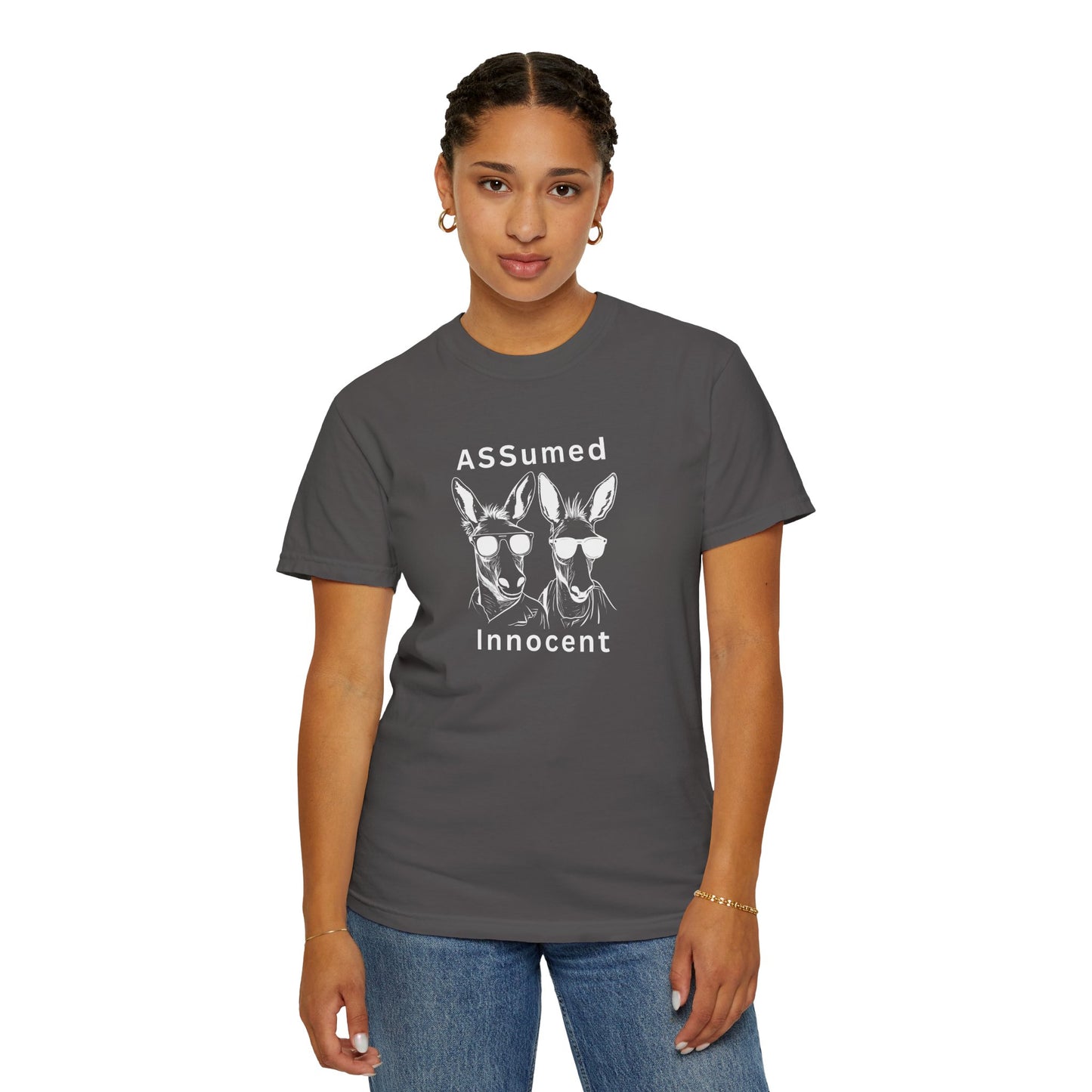 Funny Unisex Graphic T-Shirt - "ASSUMed Innocent" - Casual Wear for Animal Lovers