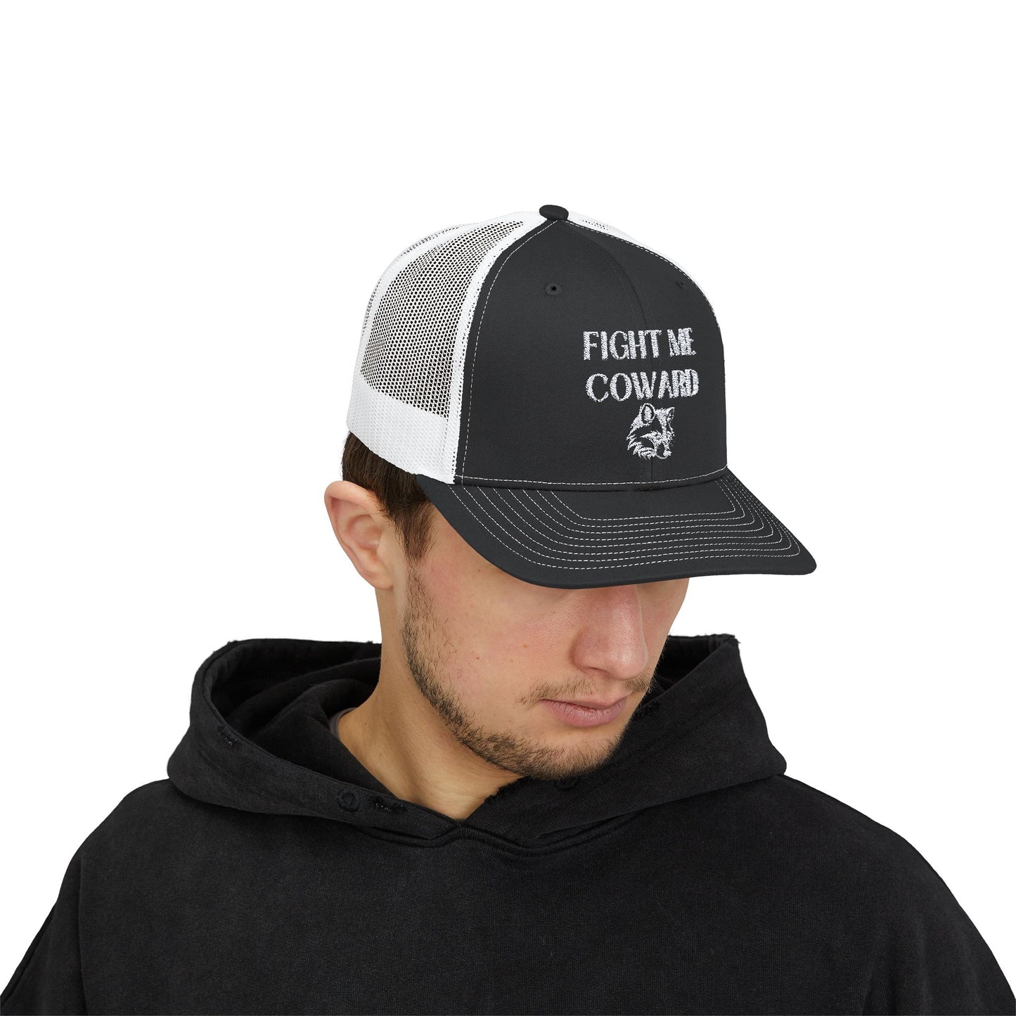 Embroidered 'Fight Me Coward' Snapback Trucker Cap for Bold Statements