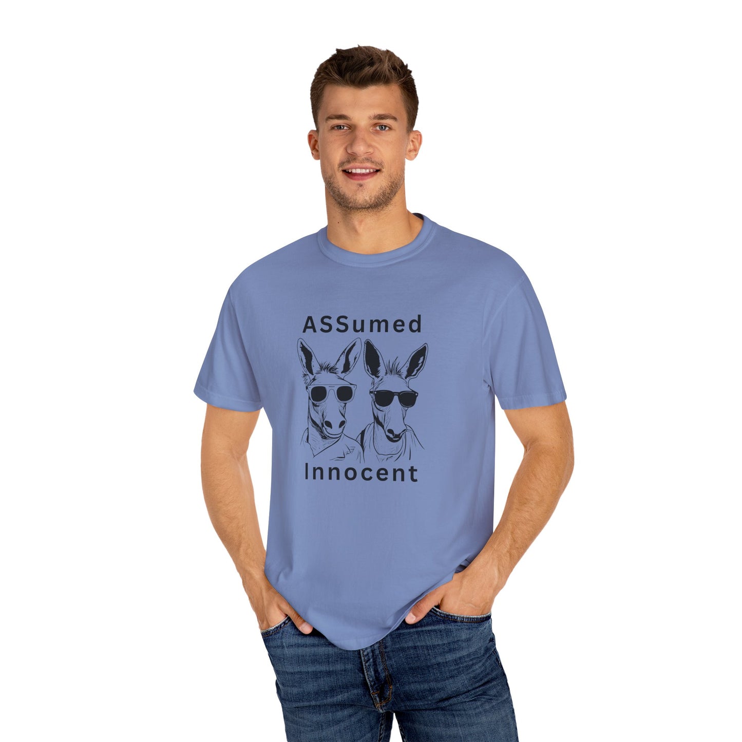 Unisex Garment-Dyed T-Shirt - Funny Kangaroo Design with 'ASSumed Innocent' Text