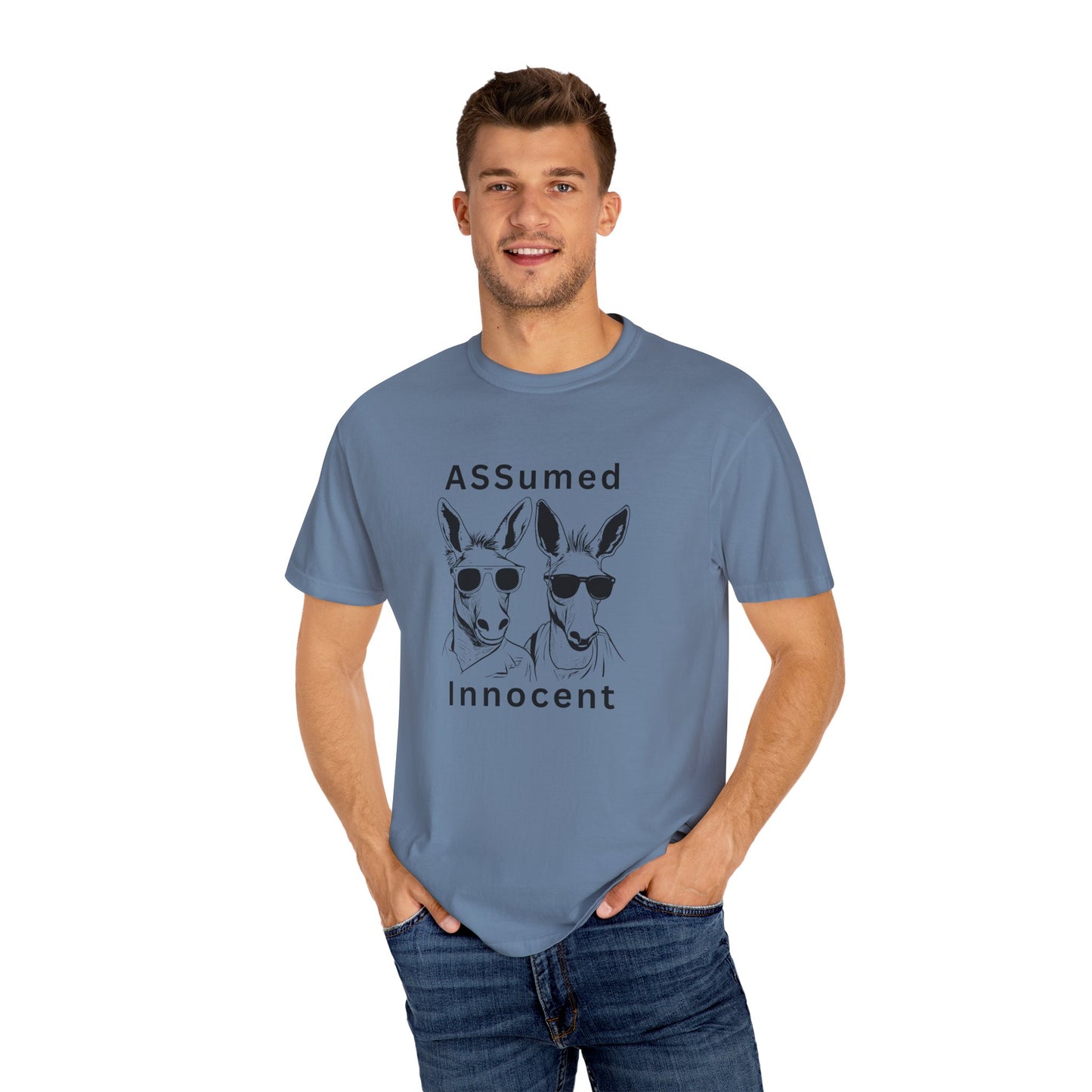 Unisex Garment-Dyed T-Shirt - Funny Kangaroo Design with 'ASSumed Innocent' Text