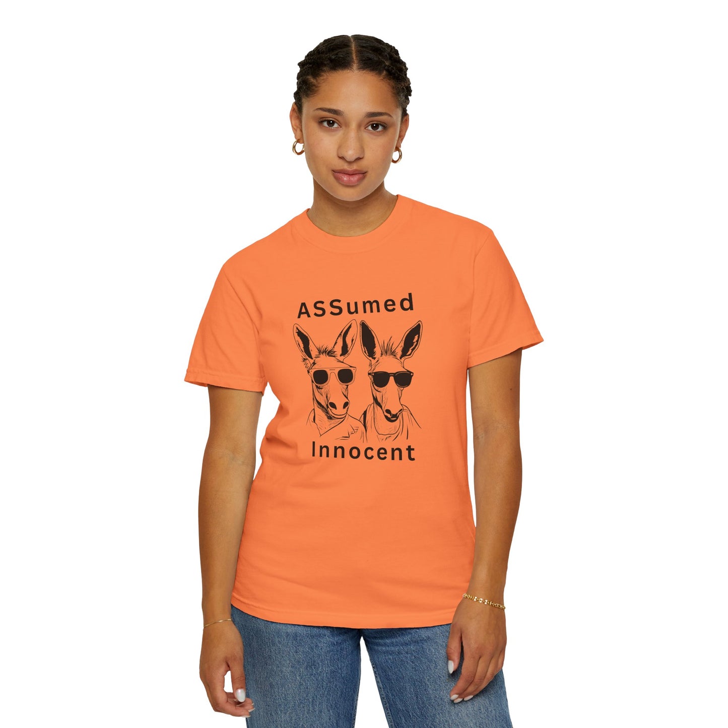 Unisex Garment-Dyed T-Shirt - Funny Kangaroo Design with 'ASSumed Innocent' Text