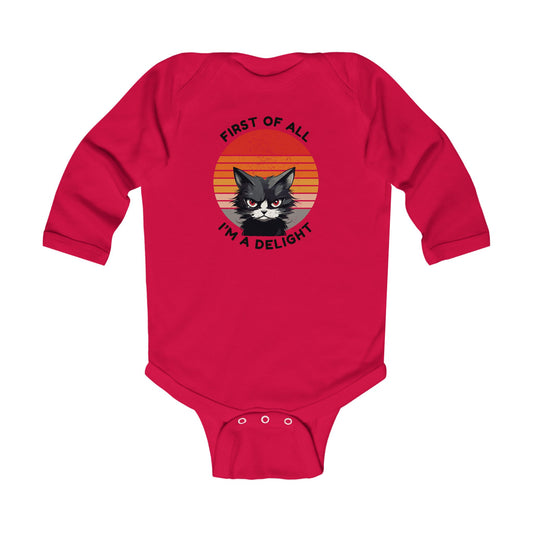 Cute Cat Design Infant Long Sleeve Bodysuit - First of All I'm a Delight