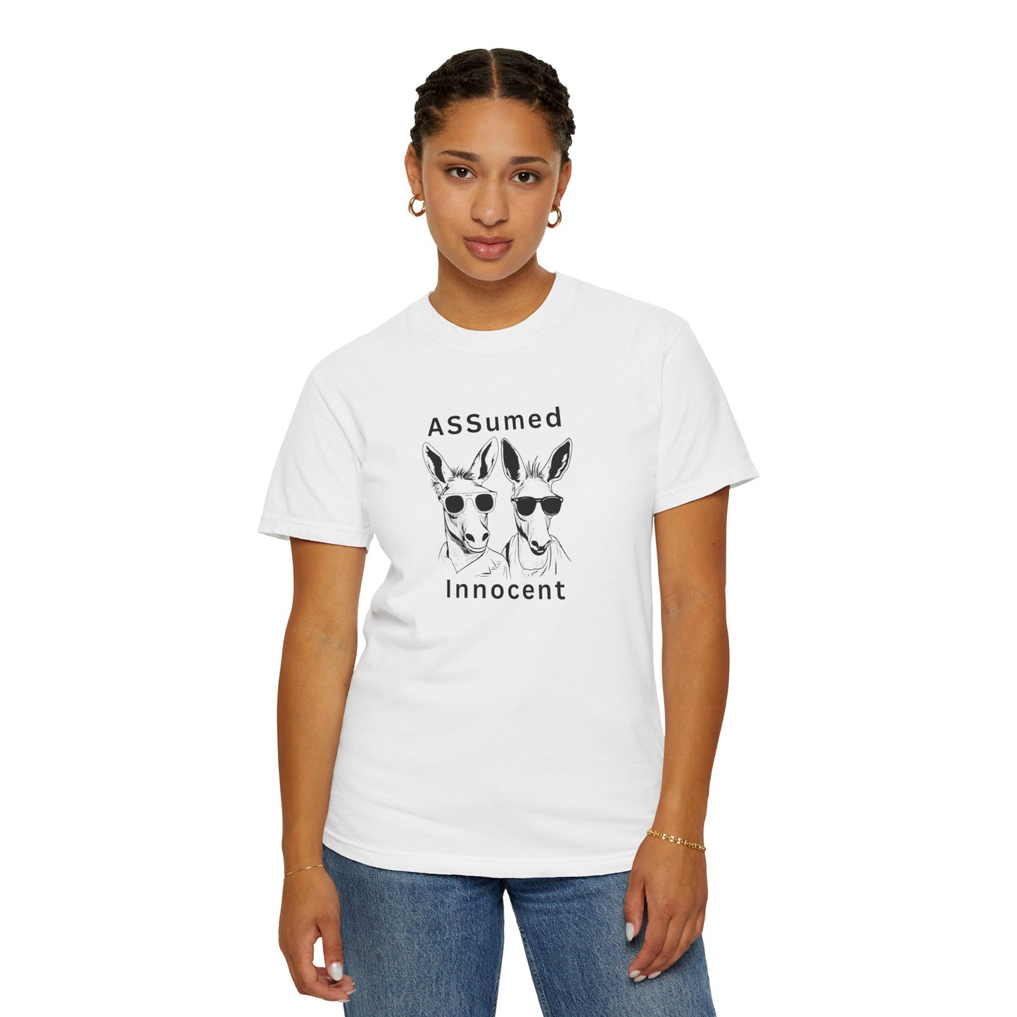 Unisex Garment-Dyed T-Shirt - Funny Kangaroo Design with 'ASSumed Innocent' Text