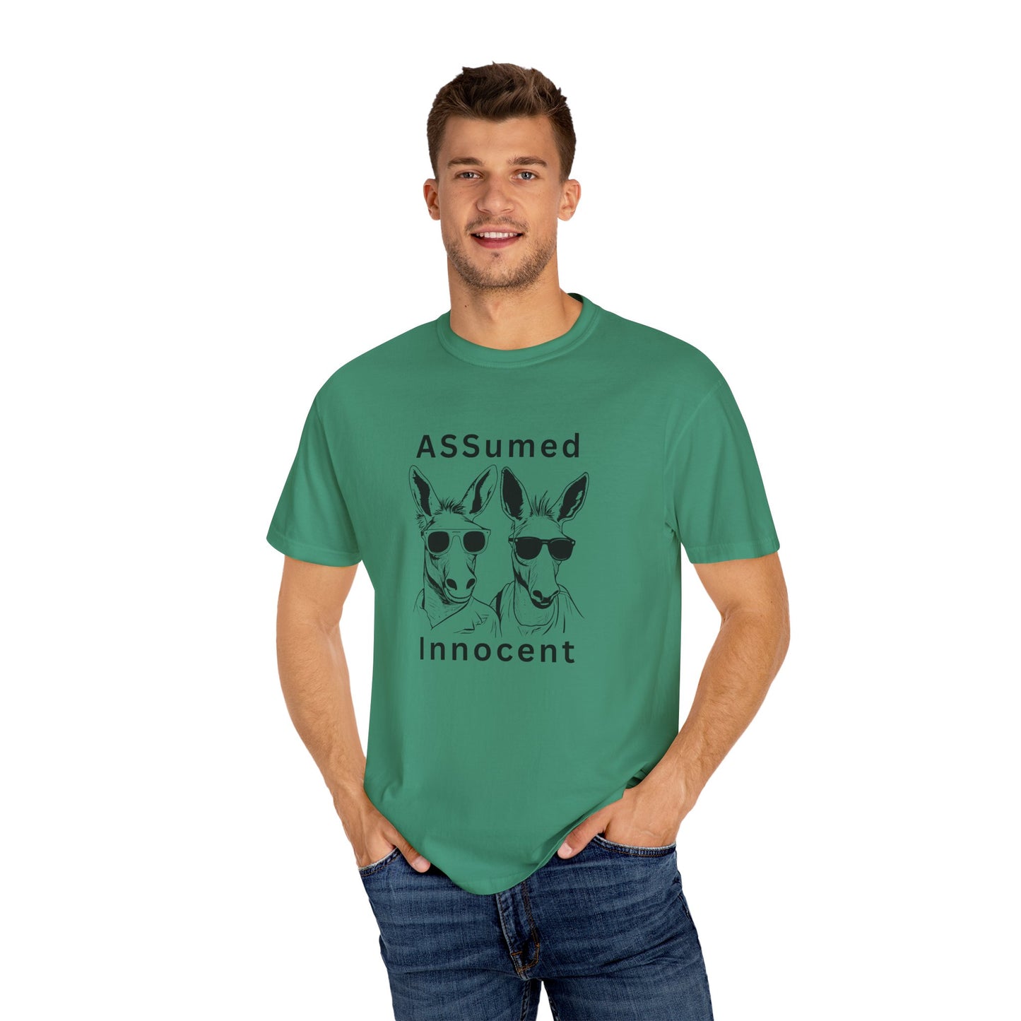 Unisex Garment-Dyed T-Shirt - Funny Kangaroo Design with 'ASSumed Innocent' Text