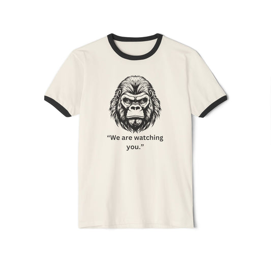 Funny Gorilla Unisex Cotton Ringer T-Shirt - 'What's the movie? We are watching you.'