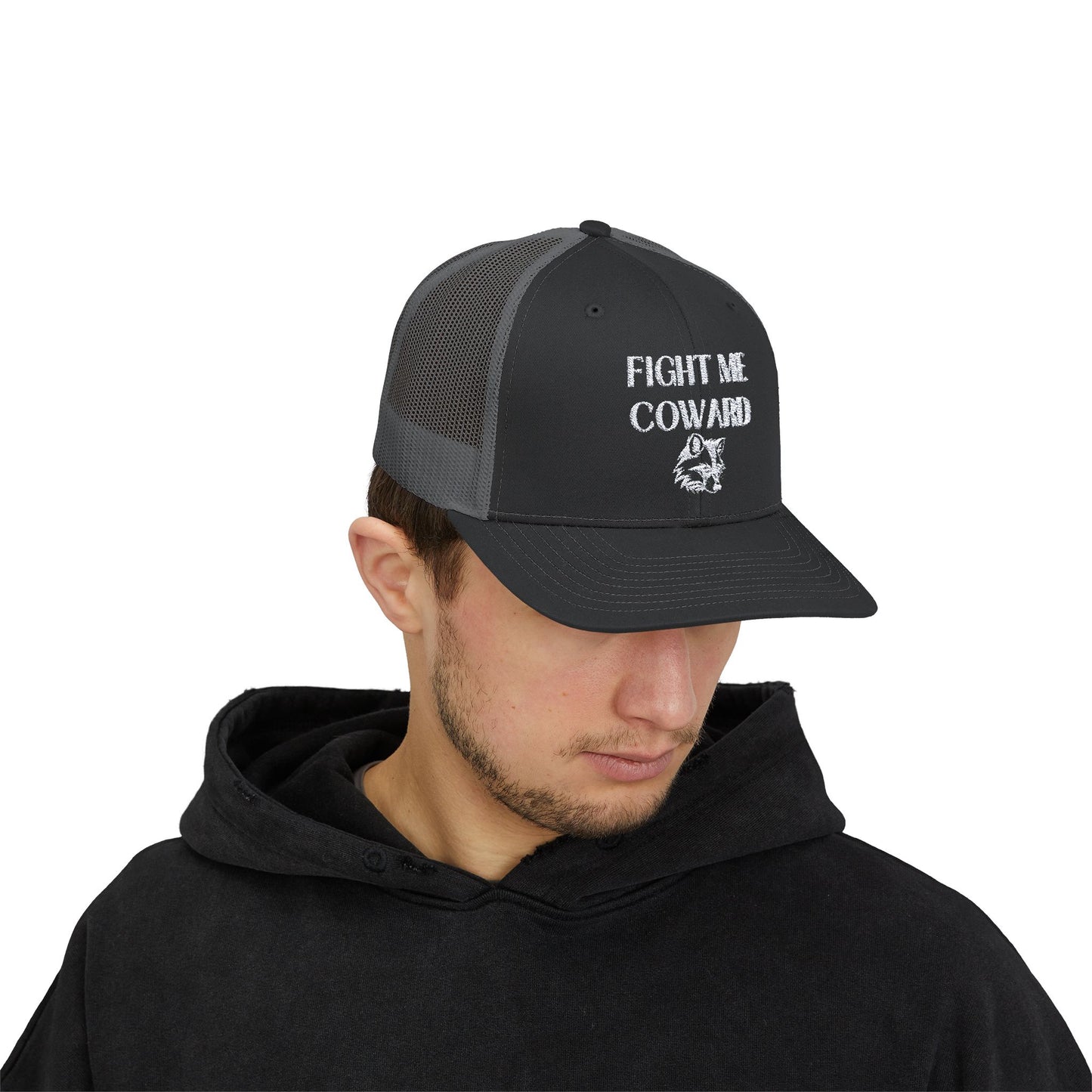 Embroidered 'Fight Me Coward' Snapback Trucker Cap for Bold Statements