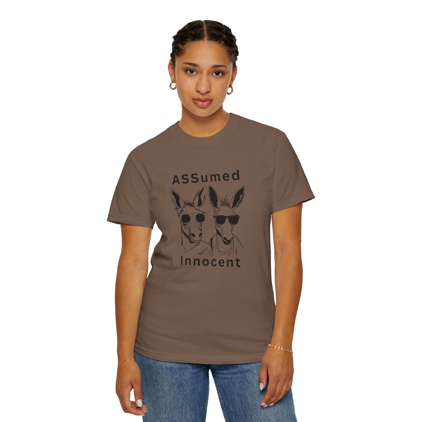 Unisex Garment-Dyed T-Shirt - Funny Kangaroo Design with 'ASSumed Innocent' Text