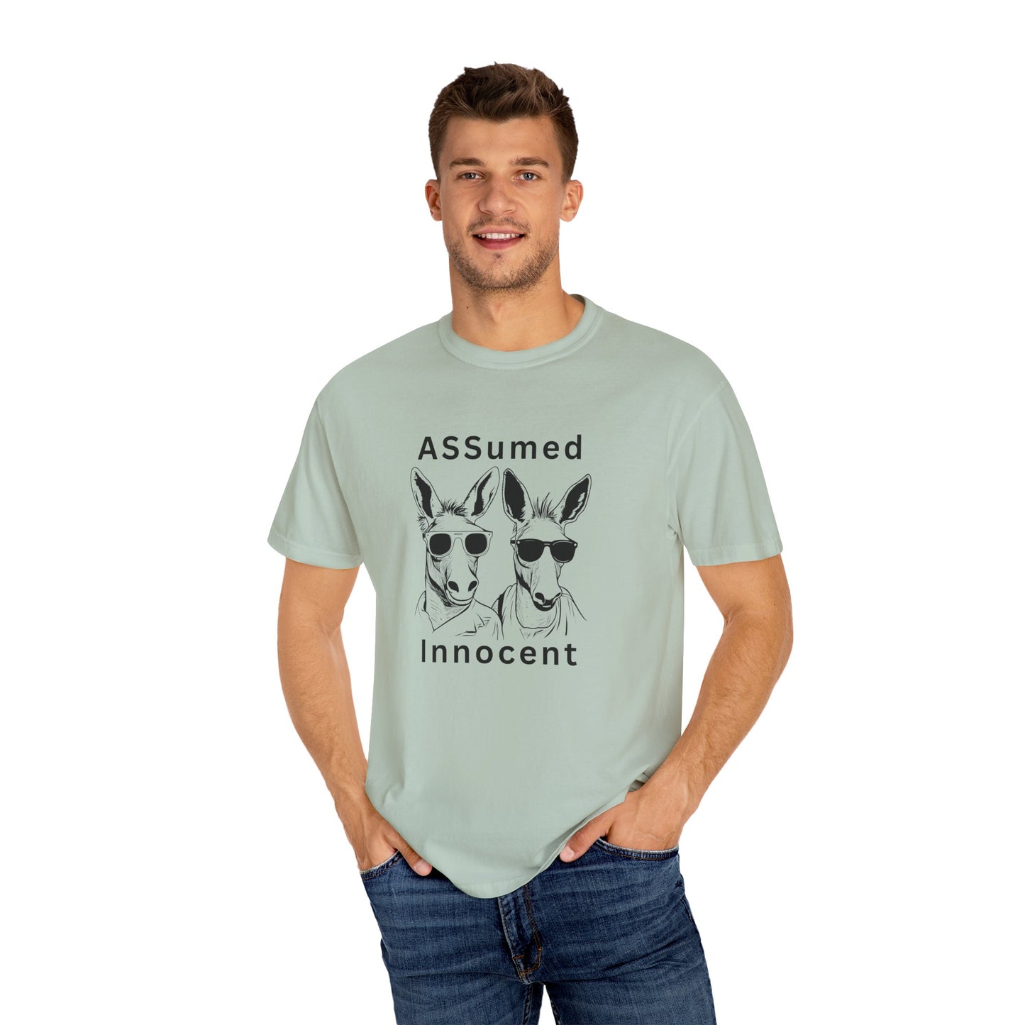 Unisex Garment-Dyed T-Shirt - Funny Kangaroo Design with 'ASSumed Innocent' Text