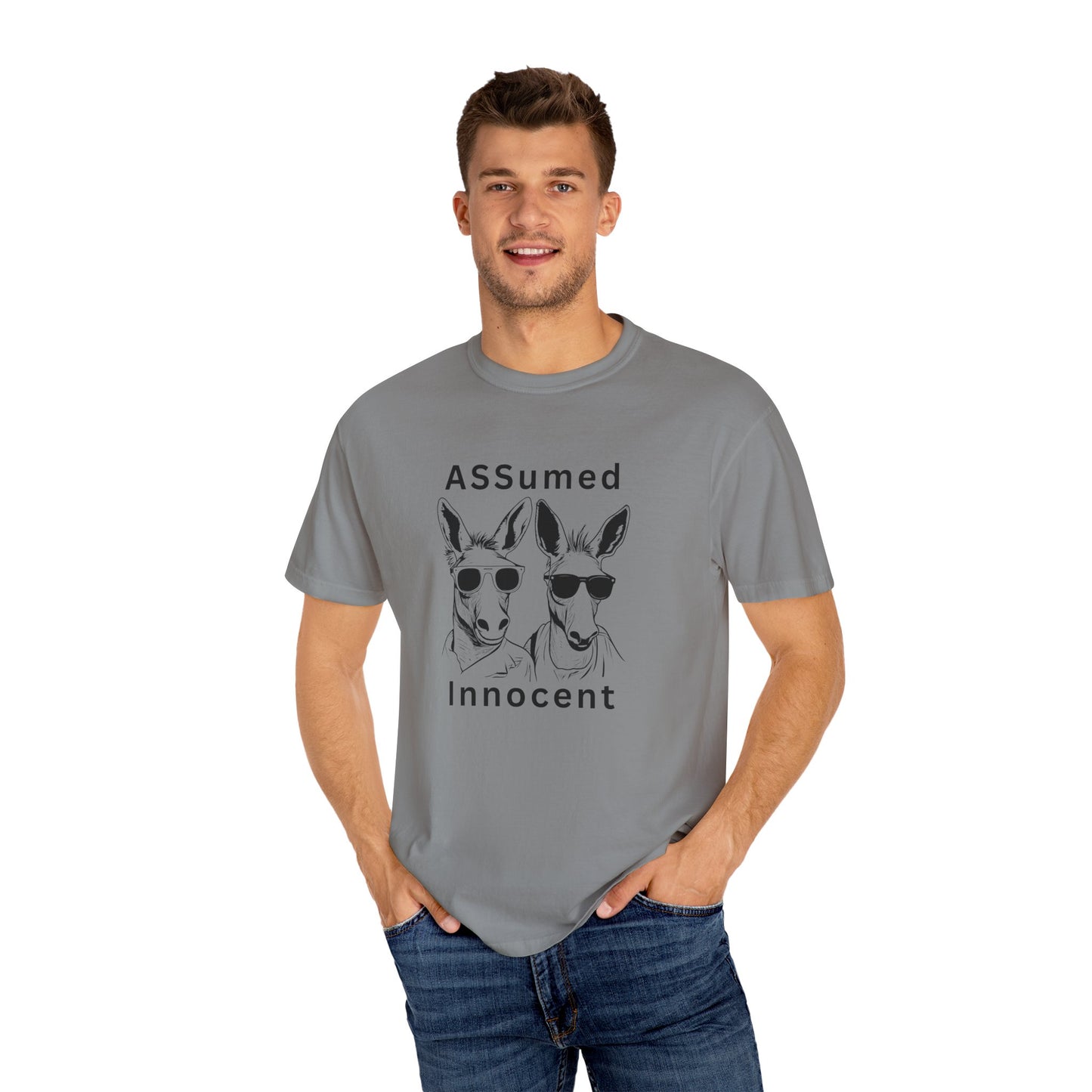 Unisex Garment-Dyed T-Shirt - Funny Kangaroo Design with 'ASSumed Innocent' Text